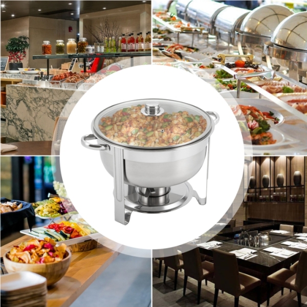 Cuisinière ronde en acier inoxydable de 8,5 L avec couvercle en verre, double bol, adaptée aux buffets et aux fêtes Cuisinière ronde en acier inoxydable de 8,5 L avec couvercle en verre, double bol, adaptée aux buffets et aux fêtes