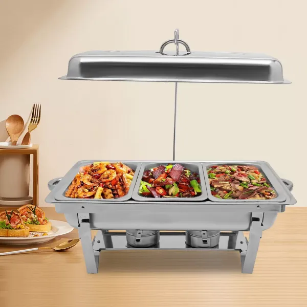 Chauffe-plats en acier inoxydable avec 3 casseroles et cadre pliant argenté 3 litres/chaque assiette, chauffe-plats avec robinet