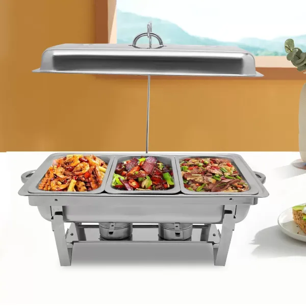 Chauffe-plats en acier inoxydable avec 3 casseroles et cadre pliant argenté 3 litres/chaque assiette, chauffe-plats avec robinet