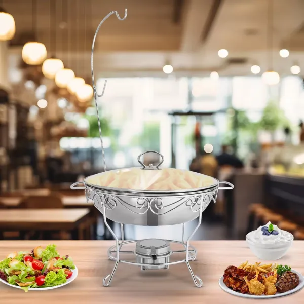 Poêle à manger ronde (le couvercle peut être accroché) chauffe-plats en acier inoxydable 6L-argent, chauffe-plat rond à support rond