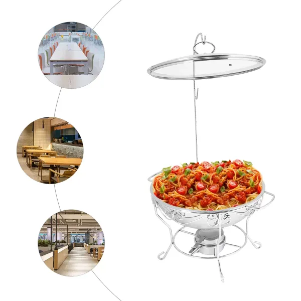 Poêle à manger ronde (le couvercle peut être accroché) chauffe-plats en acier inoxydable 6L-argent, chauffe-plat rond à support rond