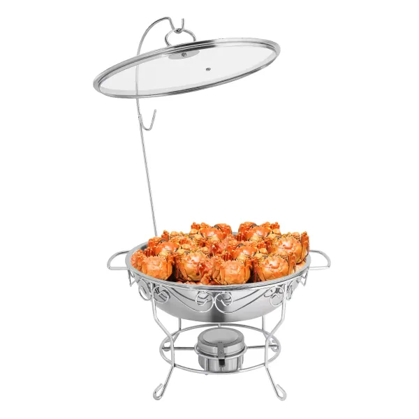 Poêle à manger ronde (le couvercle peut être accroché) chauffe-plats en acier inoxydable 6L-argent, chauffe-plat rond à support rond
