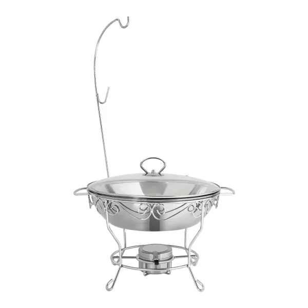 Poêle à manger ronde (le couvercle peut être accroché) chauffe-plats en acier inoxydable 6L-argent, chauffe-plat rond à support rond