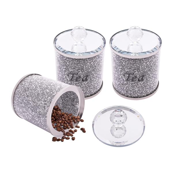 Set of 3, Coffee, sugar and tea container, Decorative glass jar with crushed diamond inlay