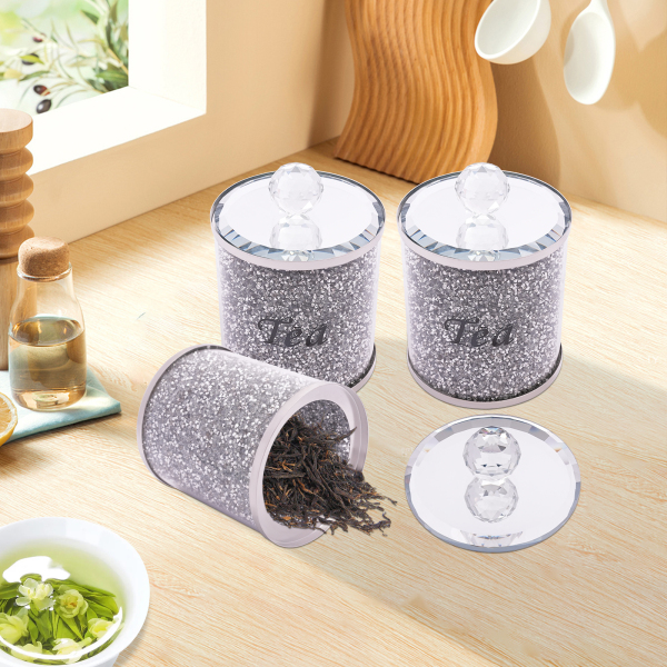 Set of 3, Coffee, sugar and tea container, Decorative glass jar with crushed diamond inlay