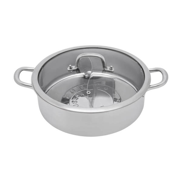 Yin Yang Hotpot 32 cm en acier inoxydable pour plaque de cuisson à gaz, 2 soupes et 1 couvercle en verre trempé épais