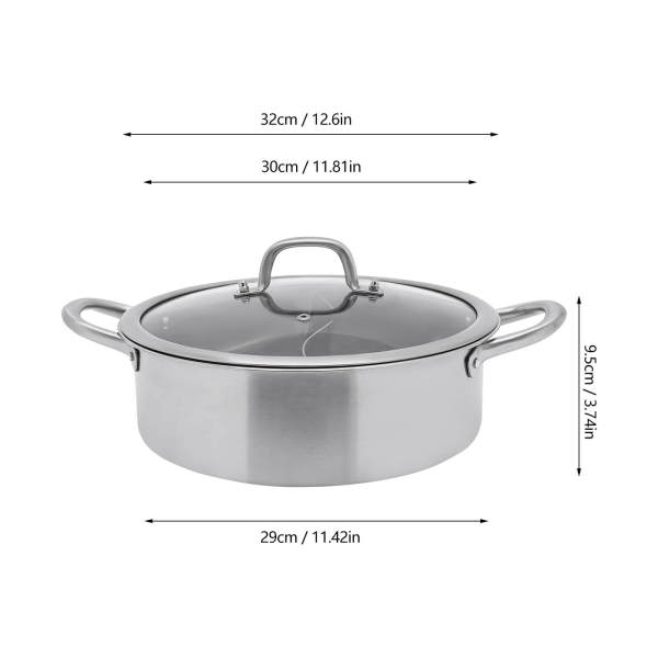 Yin Yang Hotpot 32 cm en acier inoxydable pour plaque de cuisson à gaz, 2 soupes et 1 couvercle en verre trempé épais