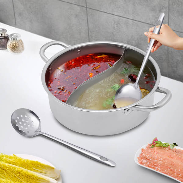 Yin Yang Hotpot 32 cm en acier inoxydable pour plaque de cuisson à gaz, 2 soupes et 1 couvercle en verre trempé épais