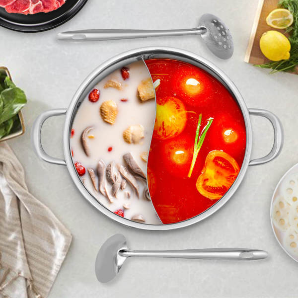 Yin Yang Hotpot 32 cm en acier inoxydable pour plaque de cuisson à gaz, 2 soupes et 1 couvercle en verre trempé épais Yin Yang Hotpot 32 cm en acier inoxydable pour plaque de cuisson à gaz, 2 soupes et 1 couvercle en verre trempé épais