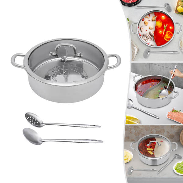 Yin Yang Hotpot 32 cm en acier inoxydable pour plaque de cuisson à gaz, 2 soupes et 1 couvercle en verre trempé épais