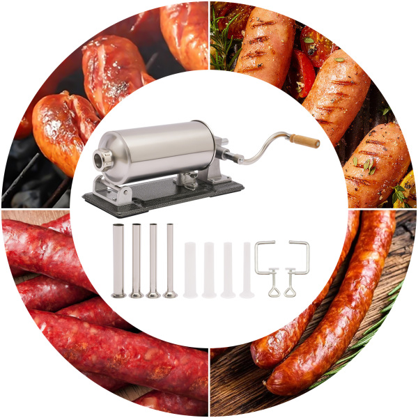 Machine à saucisses 4L, manuelle en acier inoxydable faite maison, machine de cuisson horizontale, avec 8 tubes de remplissage Machine à saucisses 4L, manuelle en acier inoxydable faite maison, machine de cuisson horizontale, avec 8 tubes de remplissage