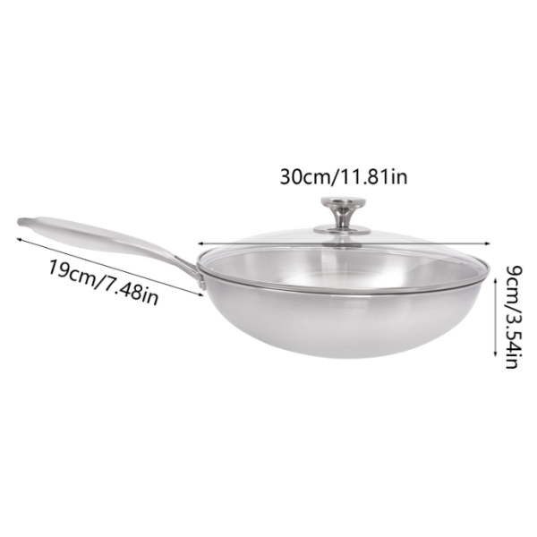 Poêle à frire en acier inoxydable, wok de 30 cm, acier inoxydable, verre trempé, convient pour 3 à 5 personnes