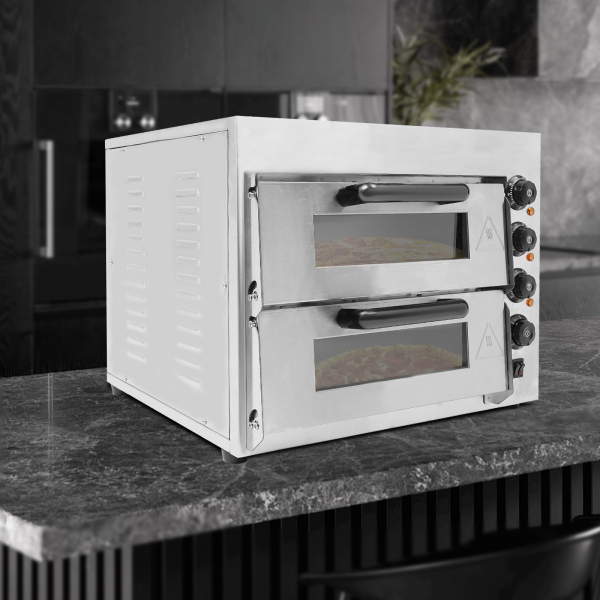 Four à pizza double en acier inoxydable 3000 W 220 V pour la cuisson de pâtisseries, de viandes grillées 22,4 x 18,7 x 17,3 pouces Argenté