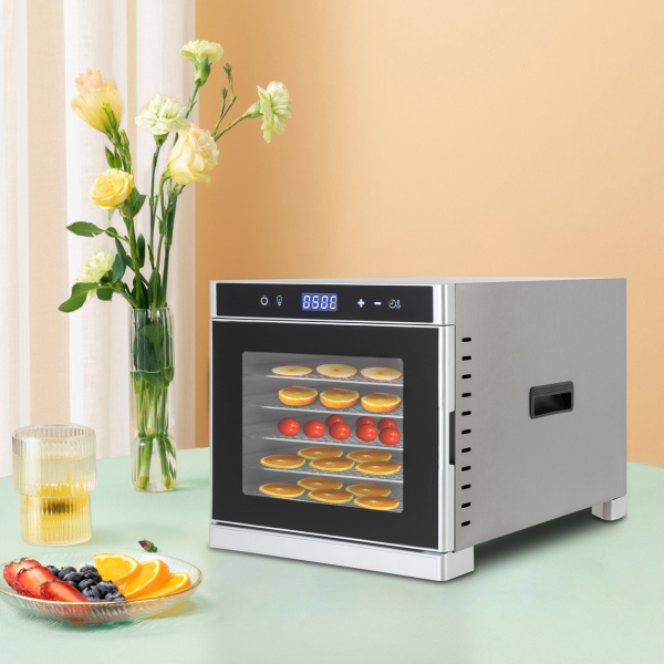 Déshydrateur alimentaire en acier inoxydable avec recettes, 6 plateaux, affichage LED, 35°-75°C, 700 W, argent