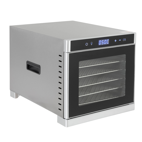 Déshydrateur alimentaire en acier inoxydable avec recettes, 6 plateaux, affichage LED, 35°-75°C, 700 W, argent