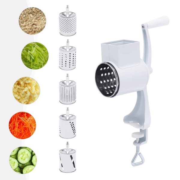 Râpe à tambour manuelle en acier inoxydable avec 5 lames en acier inoxydable pour fromage, légumes, pommes de terre
