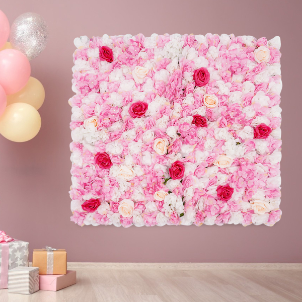 Panneaux muraux de fleurs artificielles, panneaux muraux de fleurs de rose en soie, fond de mur de fleurs artificielles, vert, blanc, rose et champagne