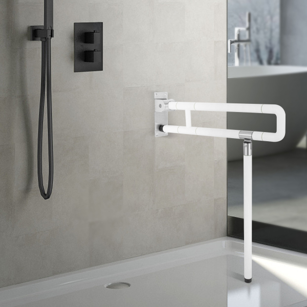Barre d'appui pour salle de bains, barre d'appui pliante pour toilettes, barre d'appui pliante pour toilettes en acier inoxydable avec poignée texturée, 60*70cm, blanc