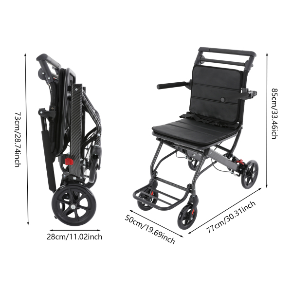 Fauteuil roulant de transport pliable noir, fauteuil roulant de voyage portable, fauteuil roulant de transport pliable avec sac de rangement