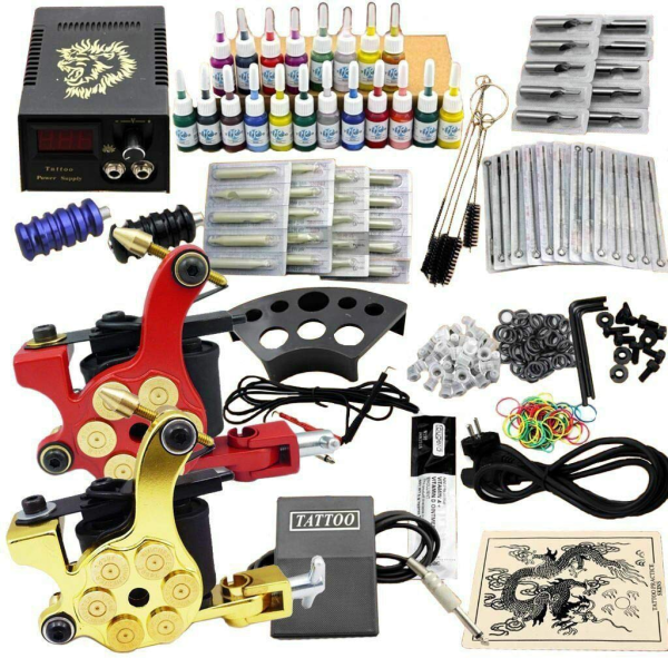 Kit de Tatouage Complète，50 aiguilles Alimentation Aiguille Peau de pratique de Tatouage Tattoo Kit Set 2 Machine à Tatouer 20 Encres de Tattoo (JM11)
