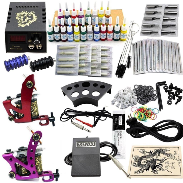 2 pistolets de tatouage + 20 kits de tatouage poignée de tatouage ensemble complet d'outils de tatouage à l'encre d'aiguille