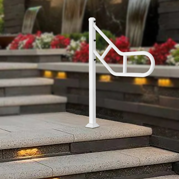 Main courante à un poteau, Rampe d'escalier extérieure pour marches, Rampe d'escalier en U, Blanc