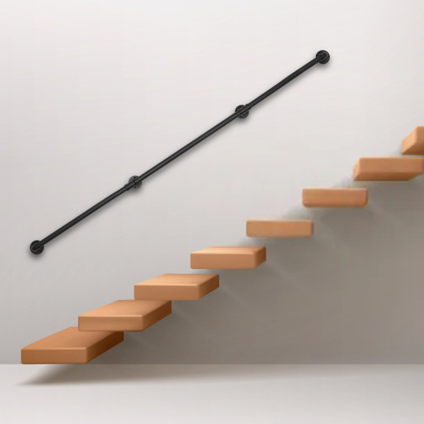 Main courante tubulaire, métal robuste, portante, 8ft, 3 sections, distance au mur : 8cmm, noir