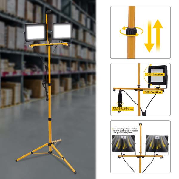 Lampe de travail LED 2*100W avec trépied télescopique étanche IP65 angle de lumière réglable projecteur LED portable en métal pour entrepôt cour