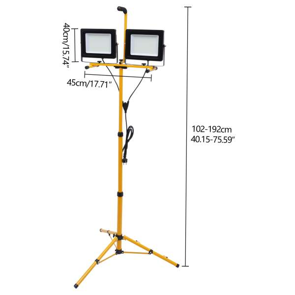 Lampe de travail LED 2*100W avec trépied télescopique étanche IP65 angle de lumière réglable projecteur LED portable en métal pour entrepôt cour
