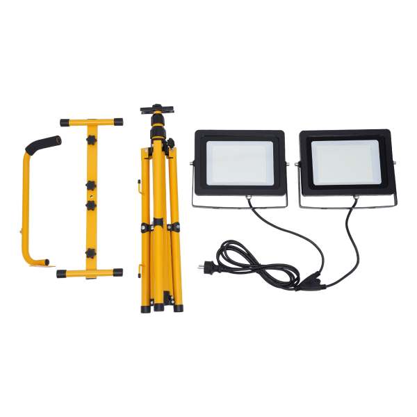 Lampe de travail LED 2*100W avec trépied télescopique étanche IP65 angle de lumière réglable projecteur LED portable en métal pour entrepôt cour