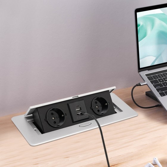 Prise pop-up avec 2 USB, pliable, pour cuisine/bureau/établi, argent