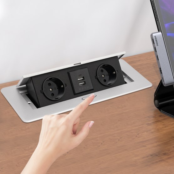 Prise pop-up avec 2 USB, pliable, pour cuisine/bureau/établi, argent Prise pop-up avec 2 USB, pliable, pour cuisine/bureau/établi, argent