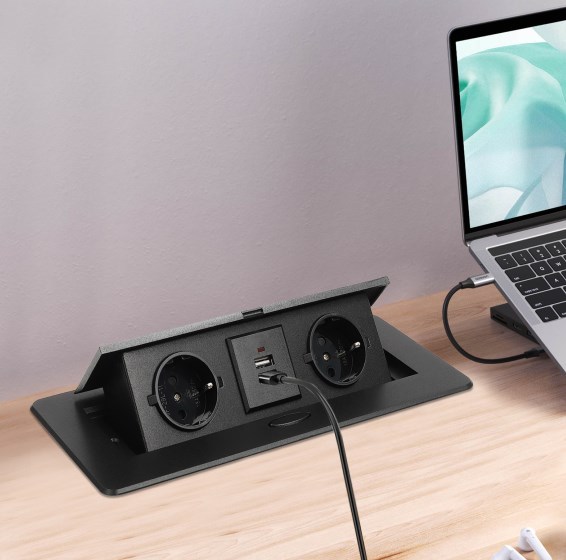 Prise pop-up avec 2 USB, pliable, pour cuisine/bureau/établi, noir