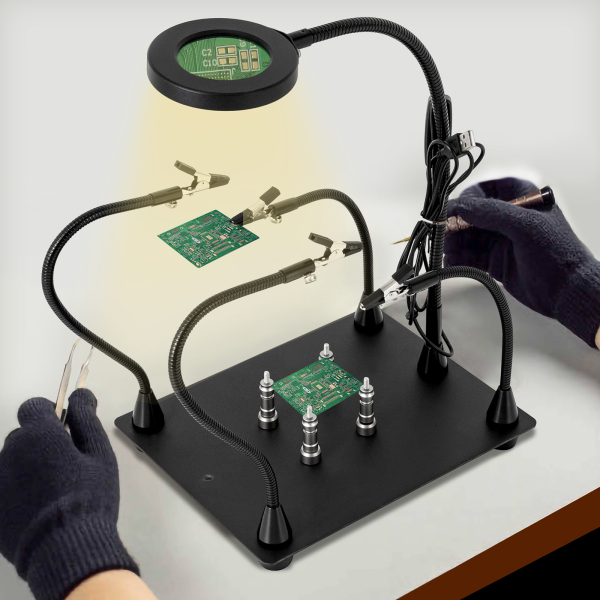Helping Hands Station de serrage à souder Lampe loupe 3X LED avec support de carte de circuit imprimé magnétique Base robuste avec flexible Helping Hands Station de serrage à souder Lampe loupe 3X LED avec support de carte de circuit imprimé magnétique Base robuste avec flexible