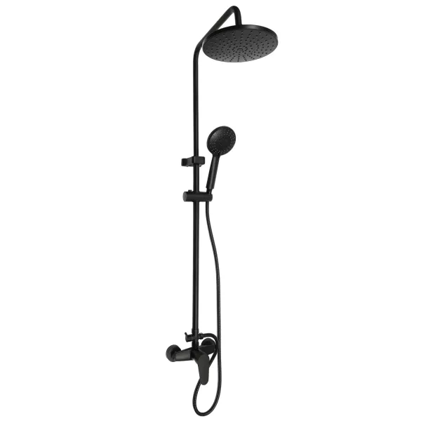 Douche à effet pluie avec mitigeur, système de douche noir, pomme de douche avec 3 types de jets, barre de douche ronde, hauteur réglable de 85 à 123 cm