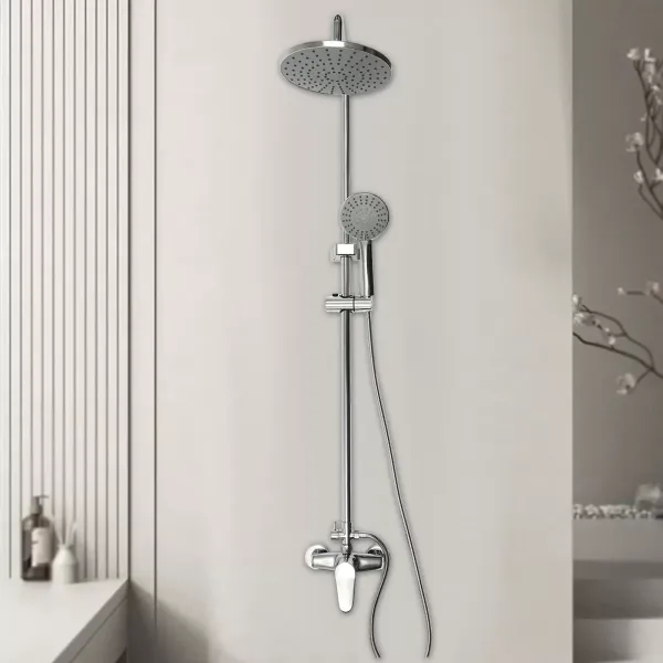 Système de douche argenté avec robinet et pomme de douche avec 3 types de jets, barre de douche ronde, hauteur réglable