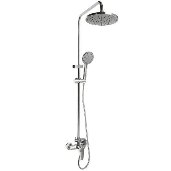 Système de douche argenté avec robinet et pomme de douche avec 3 types de jets, barre de douche ronde, hauteur réglable