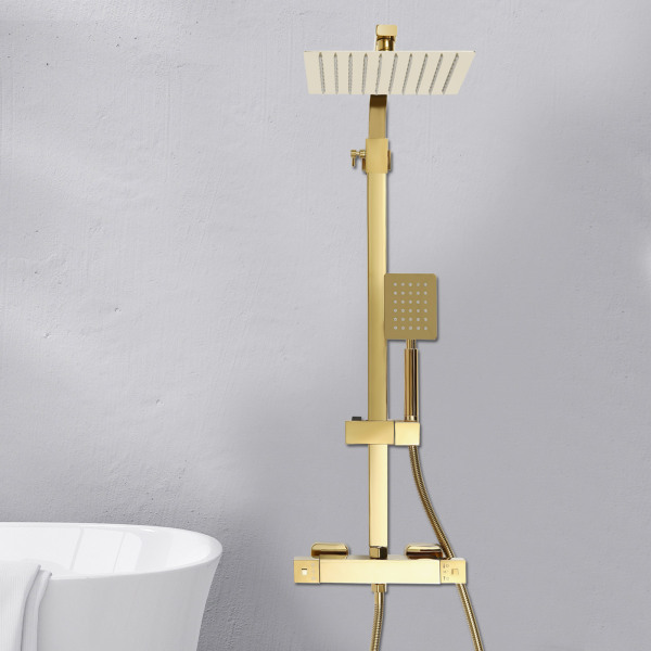 Système de douche avec thermostat, douche à effet pluie, set de douche, or