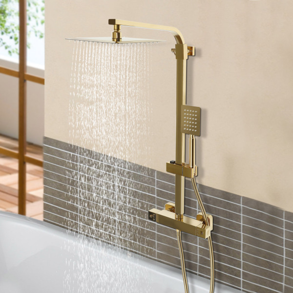 Système de douche avec thermostat, douche à effet pluie, set de douche, or