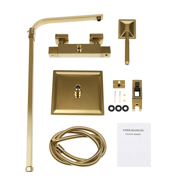 Système de douche avec thermostat, douche à effet pluie, set de douche, or
