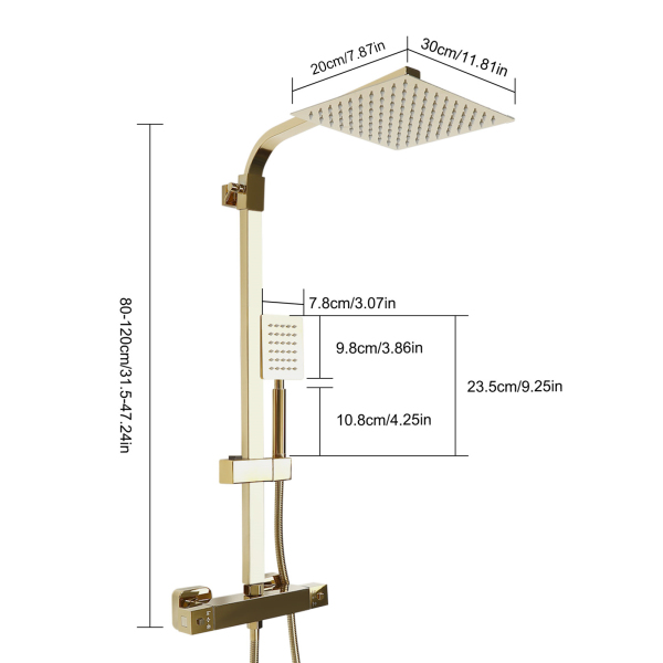 Système de douche avec thermostat, douche à effet pluie, set de douche, or