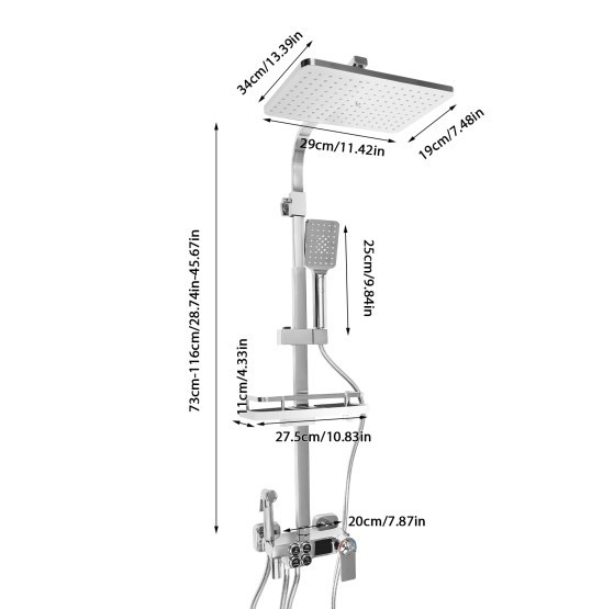 Système de douche domestique avec thermostat en acier inoxydable, colonne de douche argentée, tringle de douche réglable, ensemble de douche polyvalent 73-116 cm