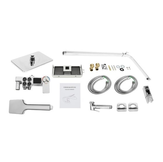 Système de douche domestique avec thermostat en acier inoxydable, colonne de douche argentée, tringle de douche réglable, ensemble de douche polyvalent 73-116 cm
