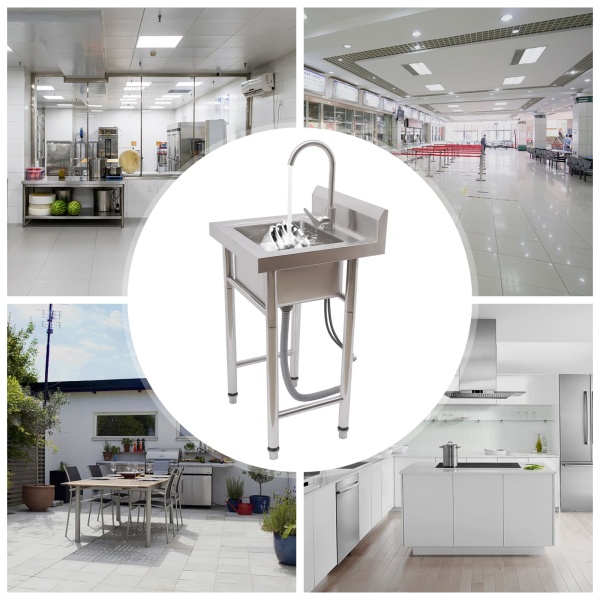 Évier de cuisine mobile avec robinet, eau froide et chaude, en acier inoxydable, commercial, pour atelier, ferme, nourriture, argent, 50 cm