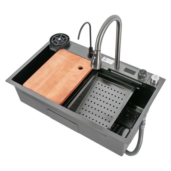 Évier en acier inoxydable 30" x 18" avec affichage numérique, Evier de travail multifonctionnel, Evier de cuisine avec robinet extractible