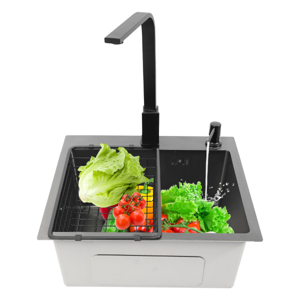 45x40 cm black diamond sink with double holes + drain set + 34x23 cm black drain basket + black soap dispenser + black square faucet + 2x angle valves
