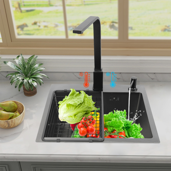 45x40 cm black diamond sink with double holes + drain set + 34x23 cm black drain basket + black soap dispenser + black square faucet + 2x angle valves