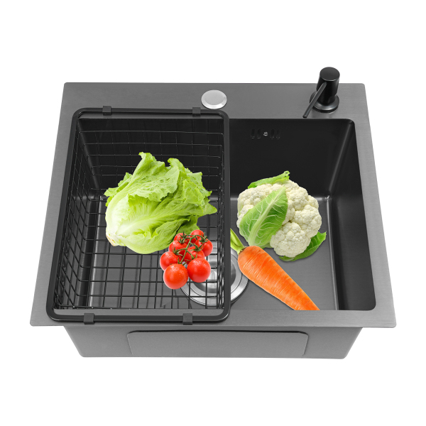 45x40cm black diamond sink with double holes + drainer set + 34x23 black drain basket + black soap dispenser