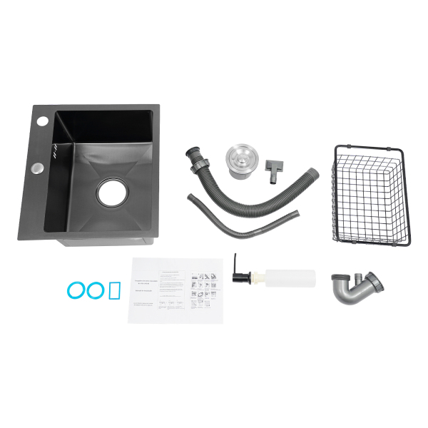 45x40cm black diamond sink with double holes + drainer set + 34x23 black drain basket + black soap dispenser