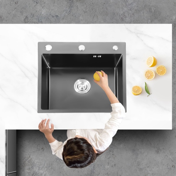 Évier de cuisine en acier inoxydable - Avec égouttoir, distributeur de savon, tuyau et protection silencieuse